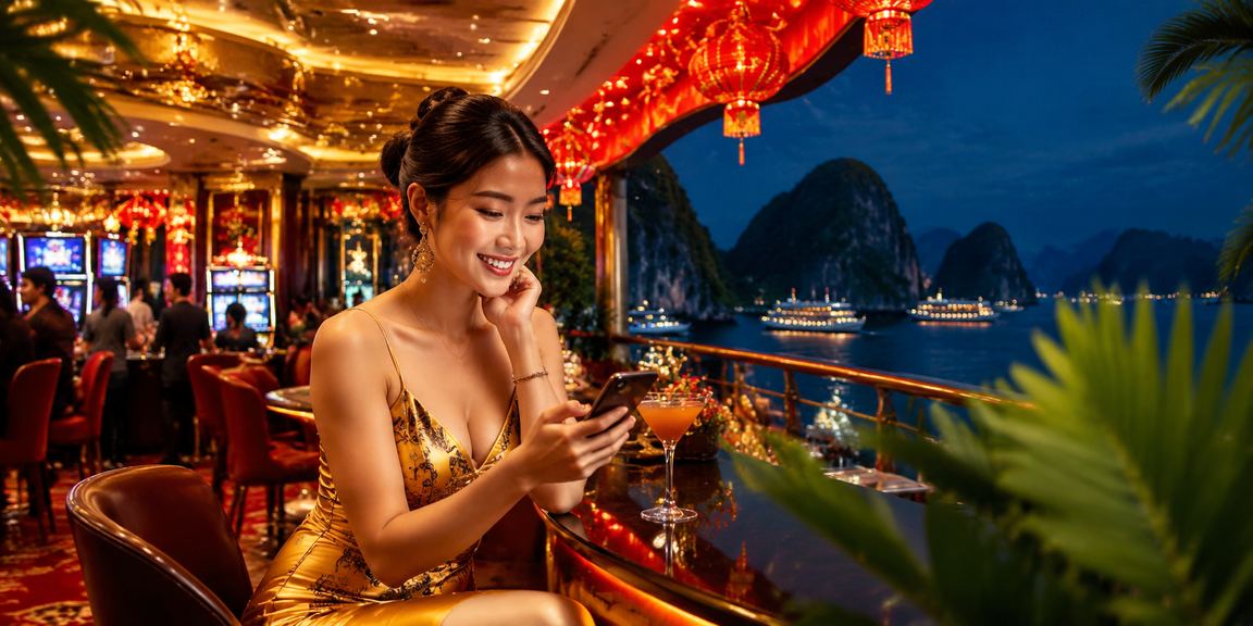 Người dùng trải nghiệm casino di động tại lễ hội Tết ở vịnh Hạ Long